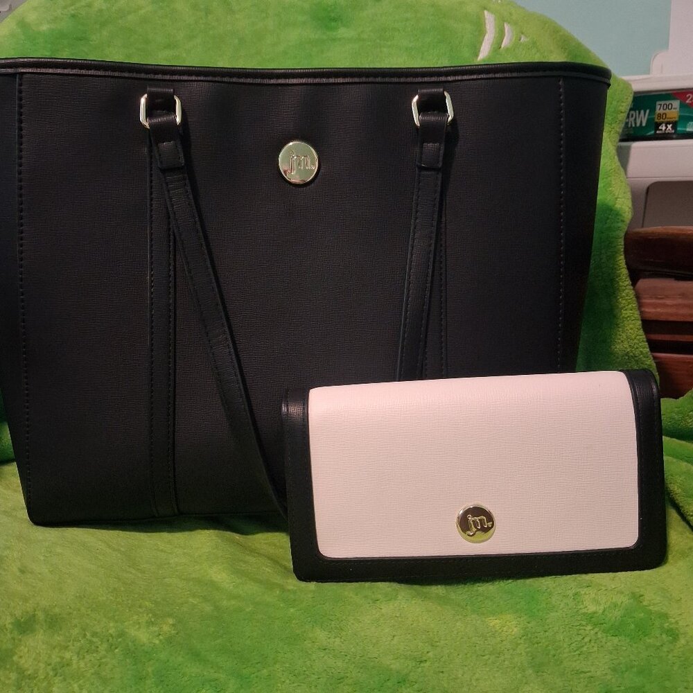 Jessica Moore Black Tote Bag w/Tri-Fold Off-White Wallet Floral Lined Interior